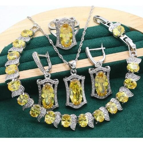 Exquisite 925 Sterling Silver Jewelry set for Women Wedding Yellow Zircon Bracelet Earrings Necklace pendant Ring Birthday Gift