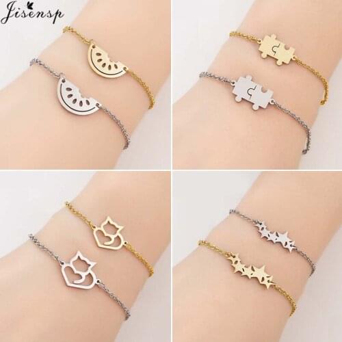 Jisensp Trendy Stainless Steel Metal Chain Gold Bracelets for Women Adjustable Puzzle Cat Star Charm Bracelet Femme punk joyeria