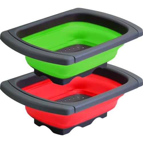 Square Shape Silicone Collapsible Shrinkable Folding Water Basin With Handle Kitchen Strainer Fruit Vegetable Washing Strainers