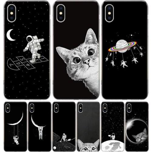 Space Moon Cute Cats Cover Phone Case For iPhone 11 12 Mini Pro 7 6 X 8 6S Plus XS MAX + XR 5S SE 10 Ten Art TPU Coque Capa Shel