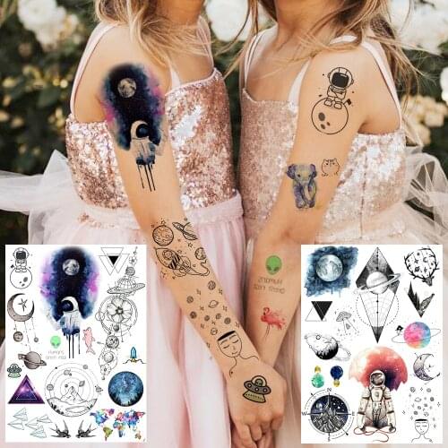 Fashion Space Tattoos Temporary For Women Daughter Kids Body Art Tatoos Fake Colorful Astronaut Planets Tatoo Decal Makeup Tools