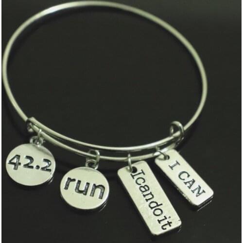 Fashion Running Casual Sports bangle I CAN & RUN & 42.2 Metal Tag Pendant Making Adjustable Retractable Bracelet dropship