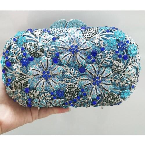 New Fashion Silver Metal Floral Blue Rhinestone Clutch Evening Bags Women Diamond Crystal Shoulder Handbags Lady Phone Clutches