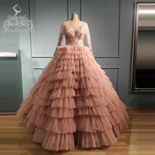 New Arrival Dusty Pink Tulle Tiered Ball Gowns Fashion See Thru V Neck Beading Lace Prom Dresses Fluffy Formal Party Dress