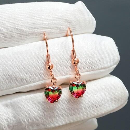 Charming Rainbow Gradient Heart Zircon Drop Earring Vintage Fashion Rose Gold Multicolor Crystal Dangle Earrings For Women Party