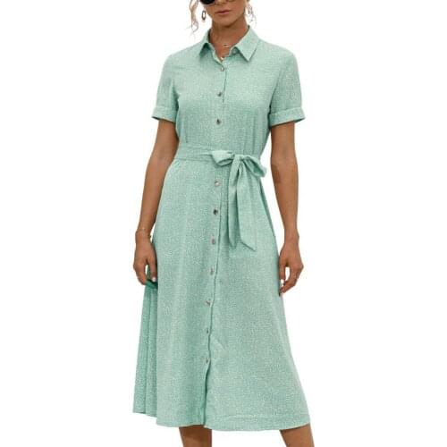 Boho Sundress Loose Women Dress Tie Waist Drop-shaped Pattern Lapel Short Sleeve Summer Mid-calf Dress for Lady Female Vestidos
