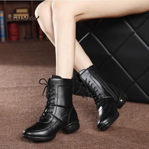 SWYIVY Women Dance Shoes Genuine Leather Soft Heel Dance Sneakers Women 2018 New High-top Warm Boots Women Modern Dance Shoes