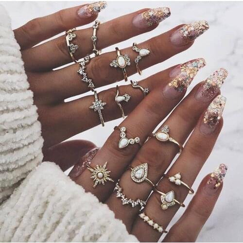 Vintage White Stone Crystal Gold Geometry Ring Sets For Women New Boho Adjustable Fashion Rings Female Valentine Gift Wholesale