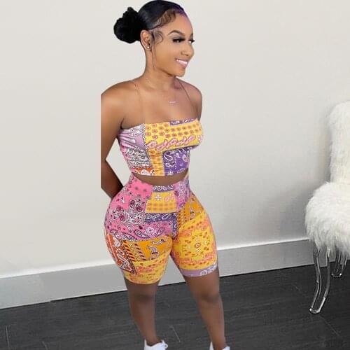 Bandanna Paisley Women Beach 2 Pieces Shorts Outfit Printed Straps Tube Backless Crop Top Casual Tight Straight Shorts Trousers