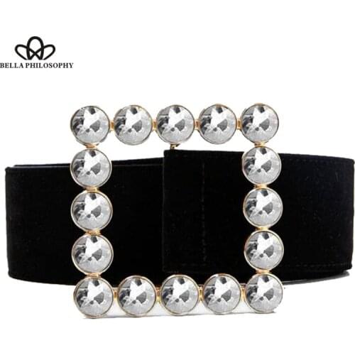 Bella Philosophy Fashion Lady Diamond Square Buckle Belt Vintage Velvet Wide Belt Party Dress Waistband