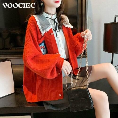 VOOCIEC Womens Kawaii Sweater Coat In Autumn Winter Girl Style Bubble Sleeve Sweet Girl Sweater Coat Lantern Sleeve Cardigan