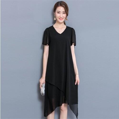 Women Summer Fashion Casual Chiffon Dress Sexy V Neck 2020 New Short Sleeve Knee-Length Irregular Dress Office Lady Plus Size L