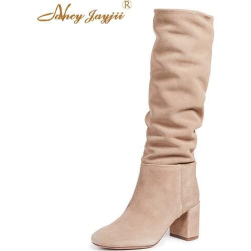 Beige Winter Ladies Flock Knee-High Boots Slip-On Round Toe Square Heel Short Plush Solid Shoes Woman Work Fashion