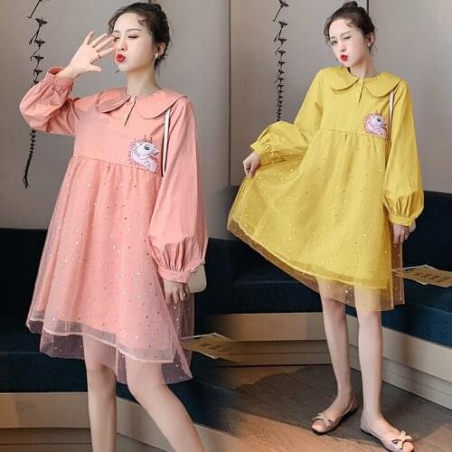 182# Maternity Clothes Spring Autumn Turn Down Collar Long Sleeves Easy Matching Loose Stylish Dress for Pregnant Women