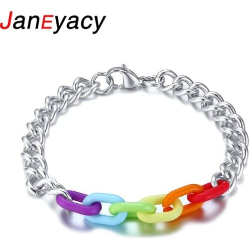 New Fashion Simple Lobster Buckle Stainless Steel Chain Bracelet Acrylic Rainbow Ladies Bracelet Mens Jewelry Gift Pulseira