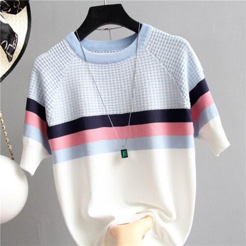 Shintimes Plaid T Shirt Women Striped Tshirt Knitted Cotton 2019 Korean T-Shirt Woman Clothes Tee Shirt Femme Camisetas Mujer