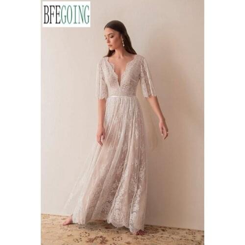 Lace Half Sleeves V-Neck Floor-Length Princess A-Line Wedding Dresses Custom Made Layered Skirt Bridal Gowns