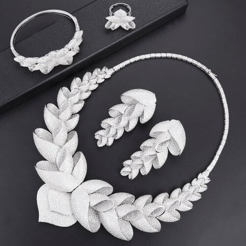 LARRAURI Super Brand Full Micro Cubic Zirconia Luxury Begonia Flowers Women Wedding Dress Choker Necklace Earrings Jewelry Sets