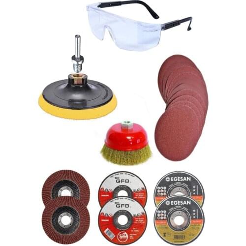 MMA CASTLE 22 Piece Chuck Compatible spiral Metal Cutting / Grinding Set Wired Sanding Brush Set Work Safety Goggles