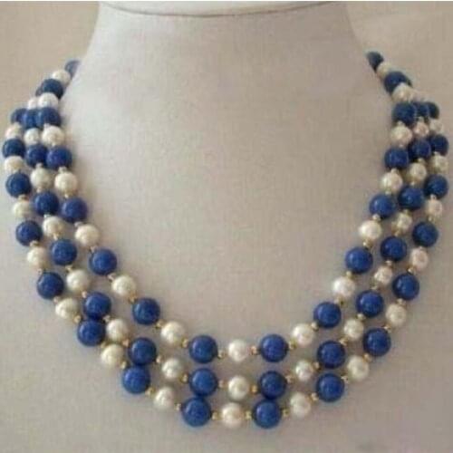 Fashion 3 rows white round pearl blue lapis lazuli chalcedony stone clasp diy beautiful necklace jewelry making 18-20 inch BV357