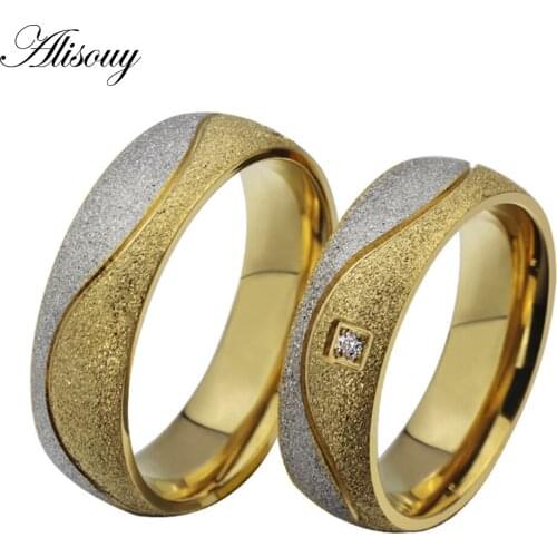 Alisouy fashion couple ring for women men Scrub stainless steel with Rhinestones lover wedding engagement rings for lovers
