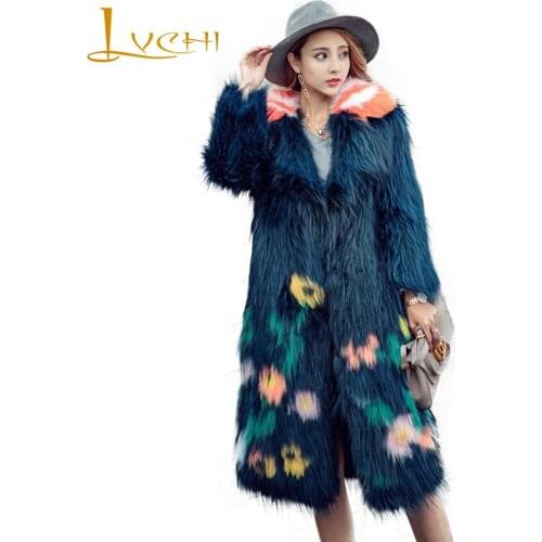 LVCHI New fashion 2019 Stylish Knitted fur coat Natural Fox fur clothes for women 3D floral design Thick warm fur coat fox long