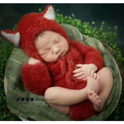 Fluffy Baby Clothing Set Fuzzy Newborn Fox Hat Overalls Chunky Newborn Bodysuit Baby Girl or Boy Onesie Knitted Romper Props