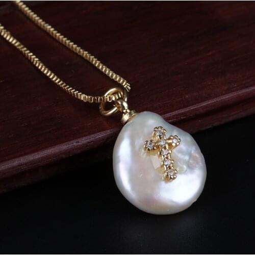 Religious paved cz tiny cross charm natural coin freshwater pearl bead slim gold link chain pendant choker necklace for women