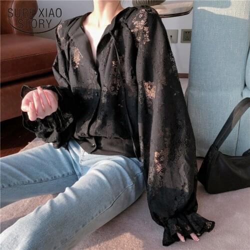 Long Sleeve Floral Shirts Women Spring Autumn Lantern Sleeve Lace Blouse for Women New Office Lady Black Female Clothing 12691