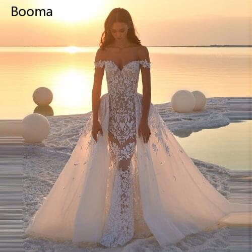 Off Shoulder Mermaid Wedding Dresses Long Sleeves Lace Appliques Bride Dresses Open Back Detachable Train Trumpet Wedding Gowns