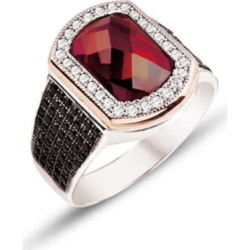 Silver Red Facet Gemstone Embellishment Men 'S Ring