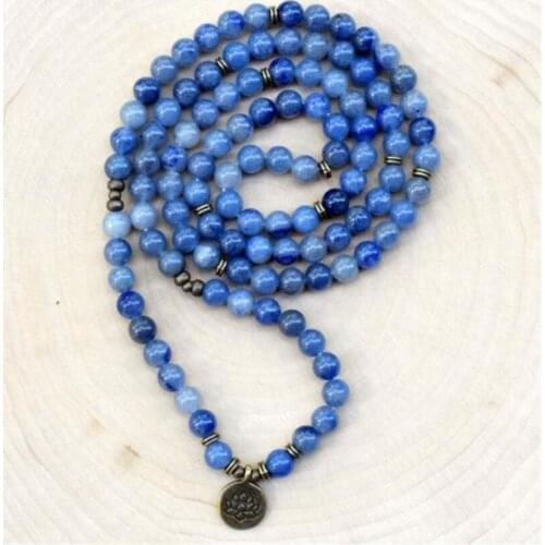 8mm Blue Aventurine 108 Beads Handmade Lotus Pendant Necklace Classic Buddhism Japa Yoga Wristband Meditation Spirituality