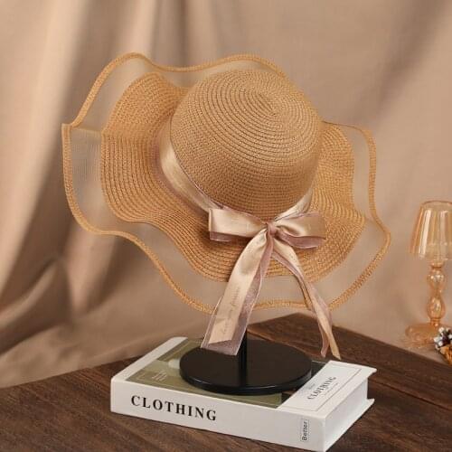 2021 Summer Women Straw Hat Weave Cap Mesh Patchwork Beach Style Sweet Sun Hats Korean Style Sample Elegant with Bow