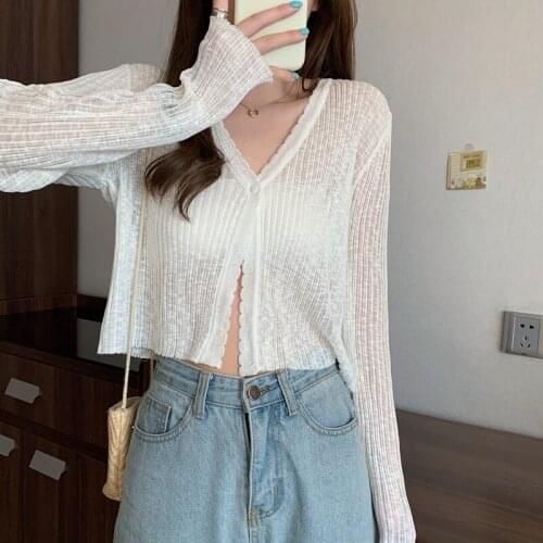 A Buckle Knitted Cardigan Thin Loose-Fitting Long-Sleeved Linen V-Neck 2021 Summer Sun Protection Clothing Crop Sweaters Tops