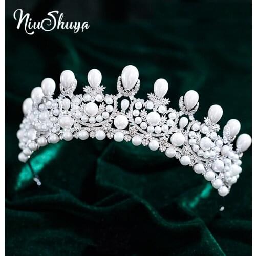 NiuShuya Gorgeous Wedding Tiara Bridal Crowns with Big Pearl Zircon Crystals Women Hair Jewelry Accessories Tiara de Novia