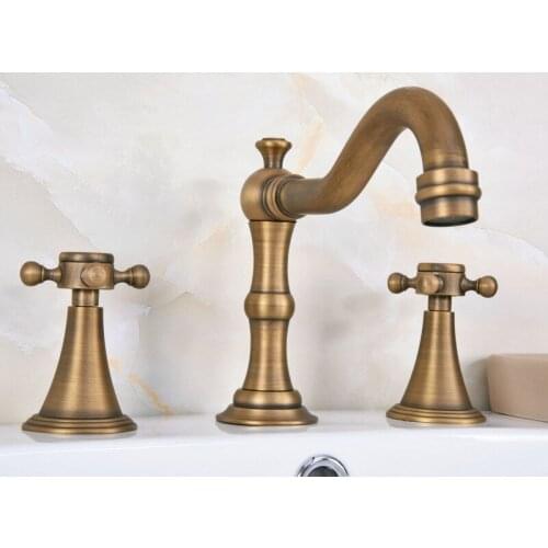 Vintage Antique Brass Two Cross Handle Deck-Mount 3 Hole Widespread Bathroom Lavatory Bathtub Basin Faucet Sink Mixer Tap dan086