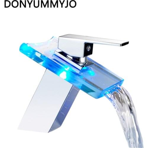 High Quality LED Light Waterfall Spout Bathroom Basin Faucet Deck Mount 3 Colors Change Led Tap Water Power Basin Mixer Faucet