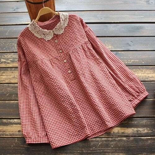 8289 New Autumn Women Blouse Japan Style Mori Girl Literary Plaid Lace Turndown Collar Long Sleeve Cotton Linen Shirt Tops