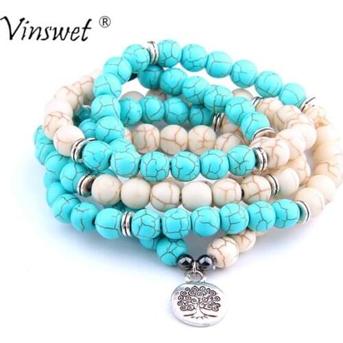 Women Bracelets Natural Stone Turquoises Beads 108 Mala Tree of Life Energy Charm Bracelets for Men Women Jewelry