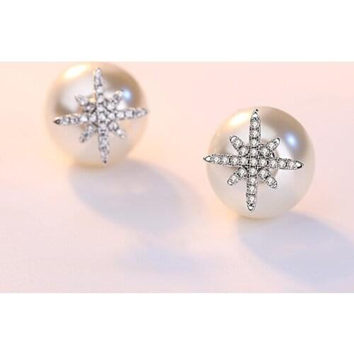 Womens Fashion Charming Wedding Stud Earrings Micro Crystal Pave Anise Star Pearl Back-Stud Piercing Earring Accessories Gifts