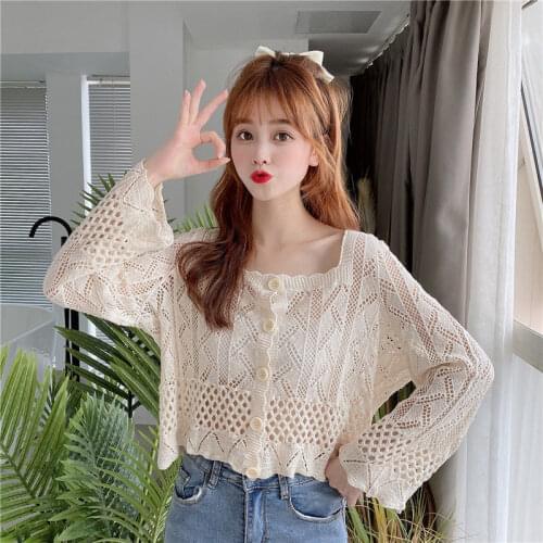 Hollow Out Knitted Women Cardigan Autumn New 2021 Square Collar Flare Sleeved Loose Elegant Female Outwear Tops