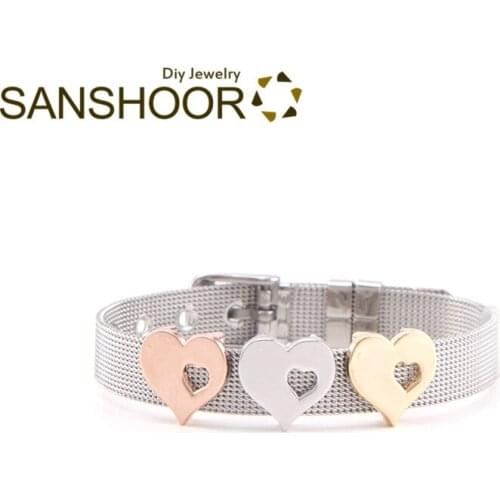 SANSHOOR Heart Bracelet Slide Charms With Hollown Love Fit 10mm Wide Wrap Leather Bracelet As Women Valentines Day Gift 3Pcs
