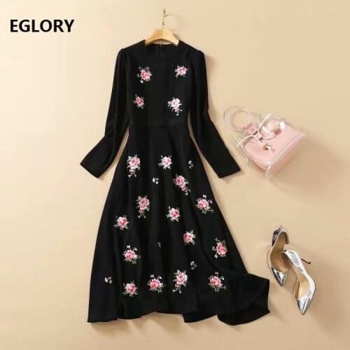 New Arrival Dress 2021 Spring Summer High Quality Women Tunic Floral Embroidery Long Sleeve A-Line Casual Black Dress for Ladies