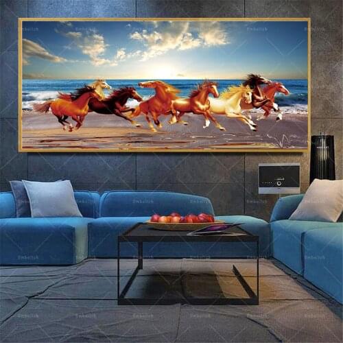 1 Pieces Hot Selling Seven Running Horses On Beach Landscape Wall Posters For Living Room Home Decor Pictures HD Canvas Painting