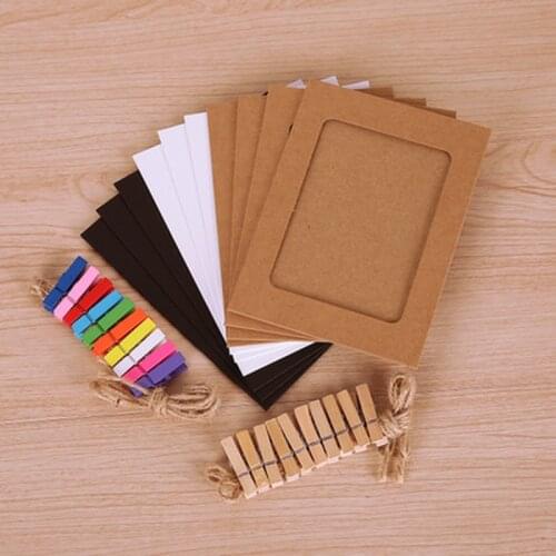 10 Pcs Combination Paper Photo Frame with Clips DIY Kraft Paper Picture Frame Hanging Wall Photos Album 2M Rope Home Decoration