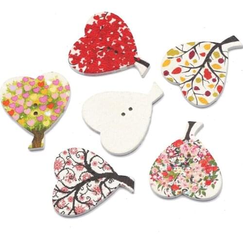 50Pcs Mixed Heart Tree Shape 2Hole Wooden Buttons For Crafts Scrapbooking Sewing Clothing Decoration DIY Kid Apparel Accessories