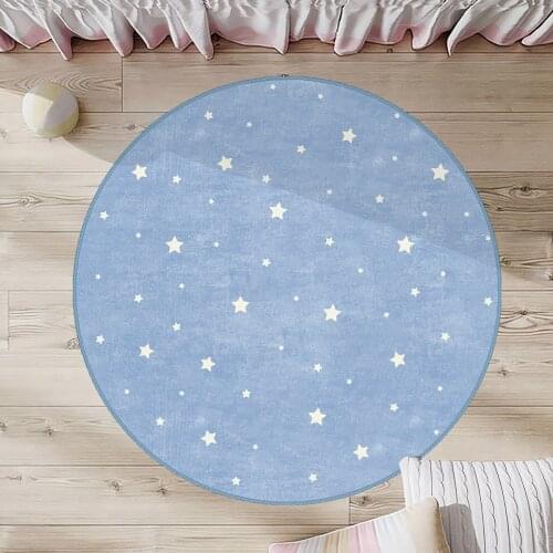 Mavi Yuvarlak Çocuk Odası Halısı beyaz yıldızlar