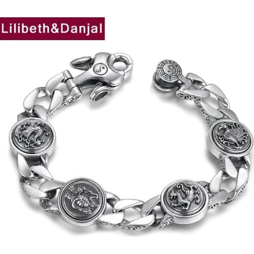 Beast Tai Chi Bagua Bracelet Bangle 100% Pure 925 Sterling Silver Dragon Tiger Tortoise Suzaku Bracelet for Men Jewelry 2020 B13