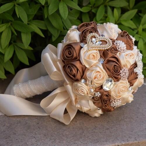 4 size champagne and brown Jewelry Beaded Wedding Flower Bridal Bridesmaid Bouquets Ribbon Bouquets Diamond Brooch Bouquet