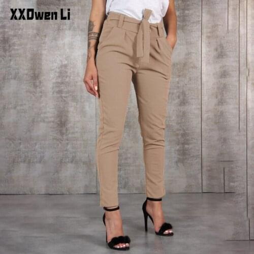 Casual High Waist Slim Chiffon Thin Pants Women Elegant Belt Folds Black Pants Woman Office Ladies Pure Color Pocket Trousers